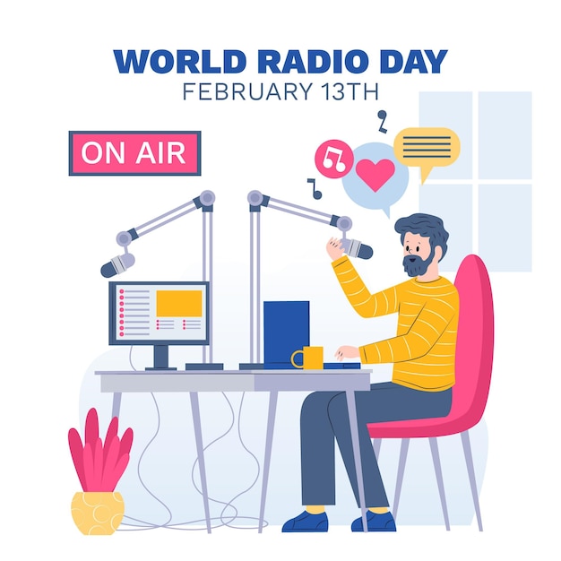 Vector gratuito fondo de diseño plano del día mundial de la radio con hombre