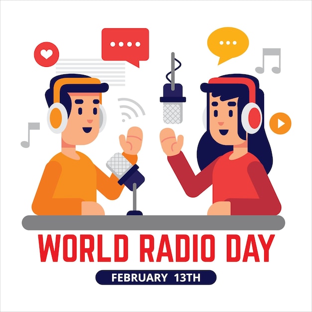Fondo de diseño plano día mundial de la radio con presentadores