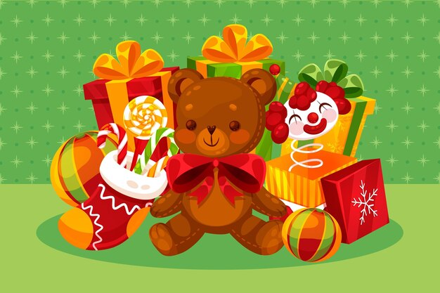 Fondo de diseño plano de juguetes de navidad