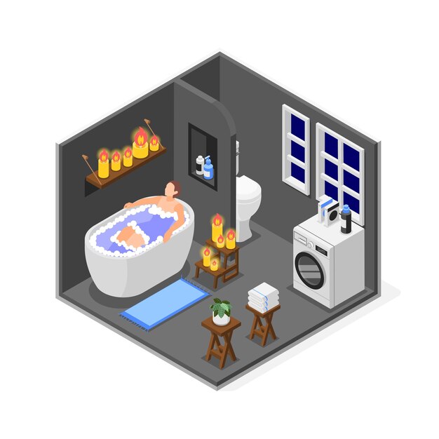 Fondo doméstico isométrico de corte de energía con mujer bañándose a la luz de las velas ilustración vectorial 3d