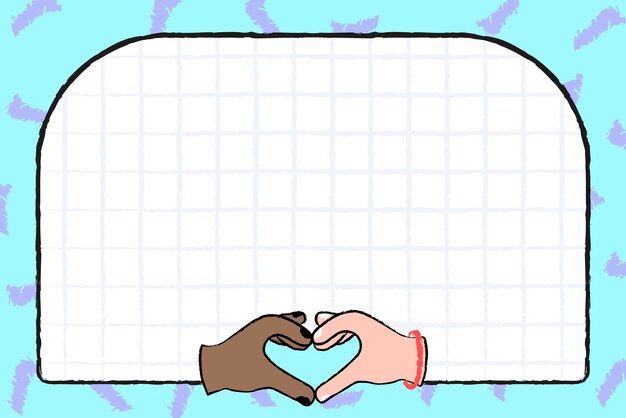 Fondo de doodle de diversidad, marco funky azul con vector de mano de corazón