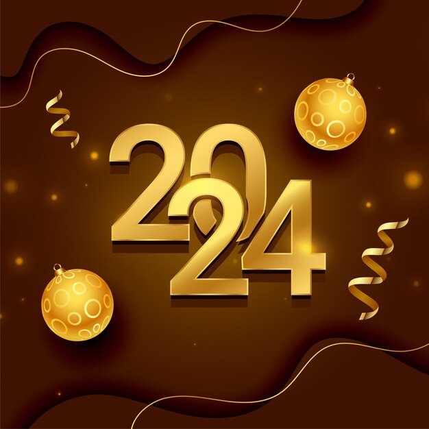Fondo dorado y brillante con letras 2024 con vector de diseño de bola de Navidad