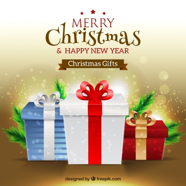 Fondo dorado de feliz navidad y año nuevo con regalos 