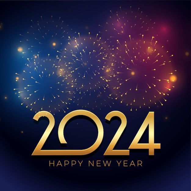 Fondo dorado de letras de año nuevo 2024 con vector de decoración de fuegos artificiales.