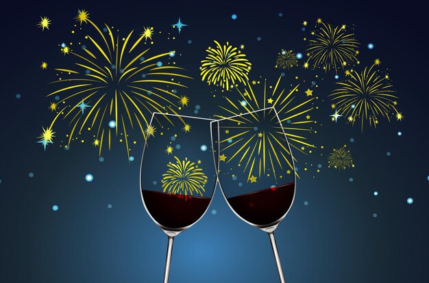 Fondo con dos copas de champán y fuegos artificiales