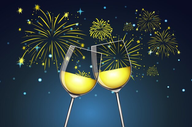 Fondo con dos copas de champán y fuegos artificiales