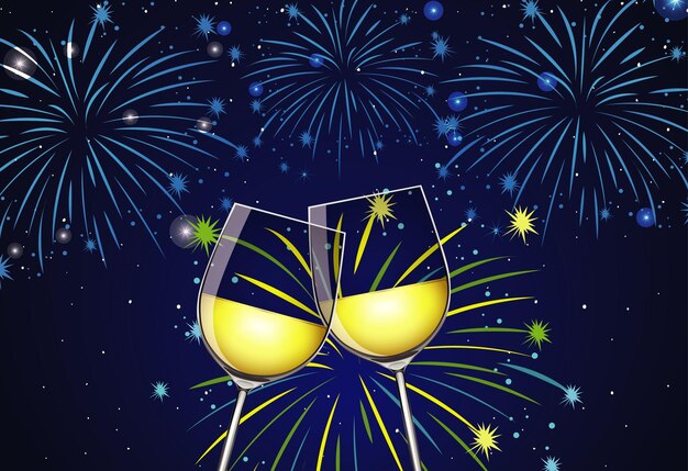 Fondo con dos copas de champán y fuegos artificiales