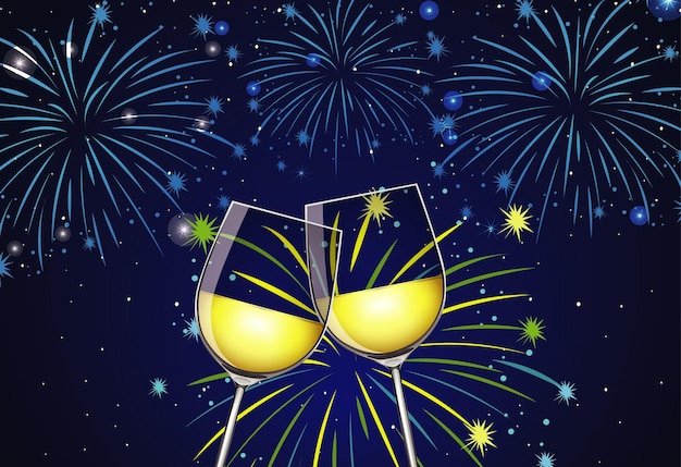 Fondo con dos copas de champán y fuegos artificiales
