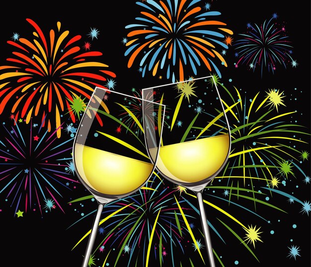 Fondo con dos copas de champán y fuegos artificiales