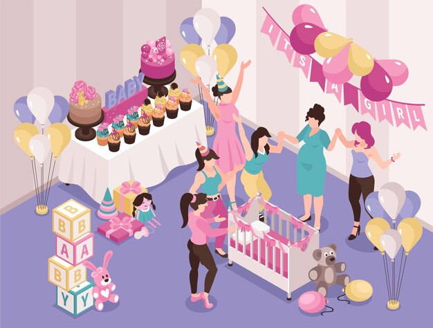 Fondo de ducha de bebé con símbolos de fiesta de celebración ilustración vectorial isométrica