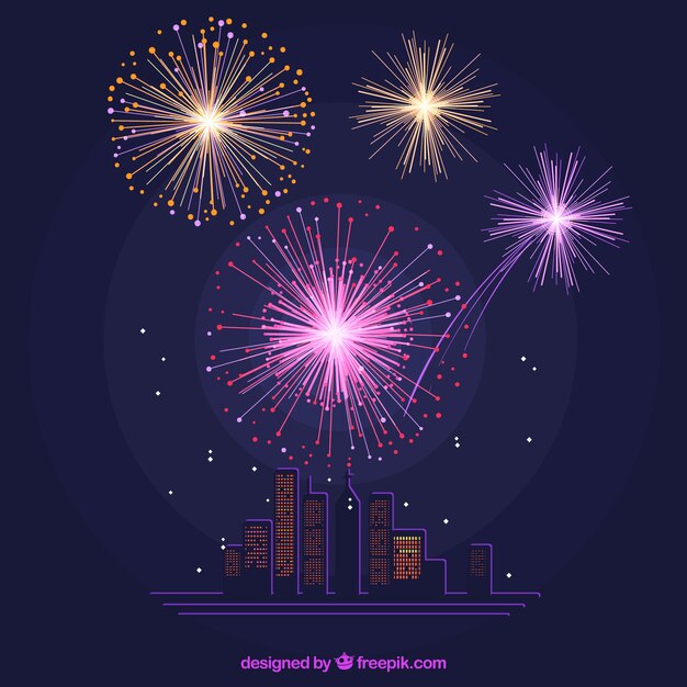 Fondo de edificios iluminados por fuegos artificiales