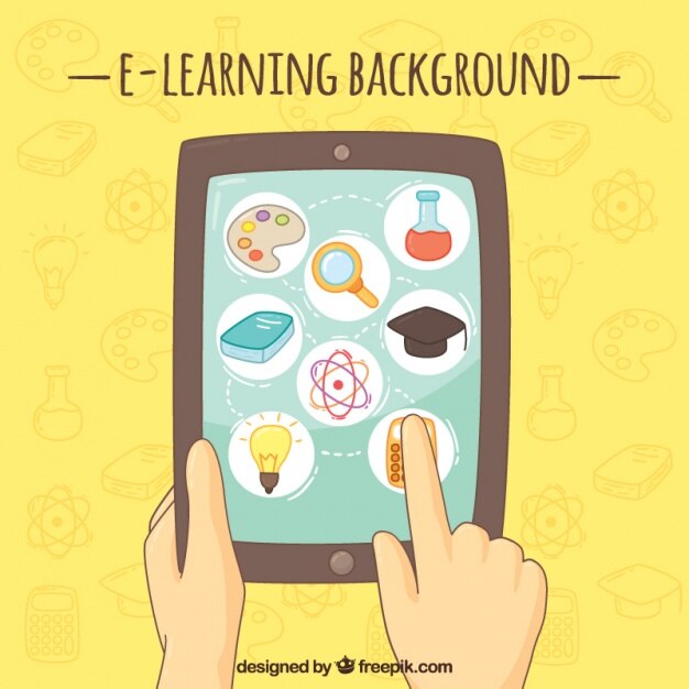 Fondo de educación digital con tableta dibujada a mano