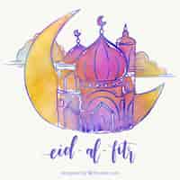 Vector gratuito fondo de eid al fitr de mezquita y luna de acuarela