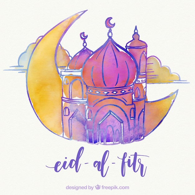 Fondo de eid al fitr de mezquita y luna de acuarela 