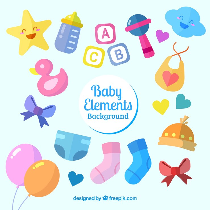 Vector gratuito fondo de elementos de bebé con lindos juguetes y ropa