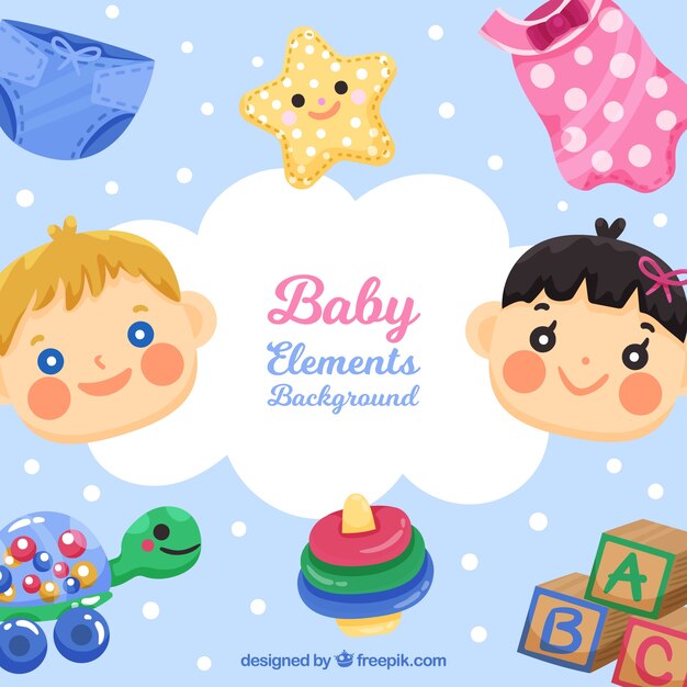 Fondo de elementos de bebé con lindos juguetes y ropa