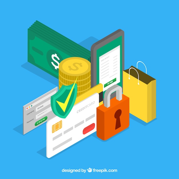 Vector gratuito fondo con elementos de compra y seguridad en estilo isométrica