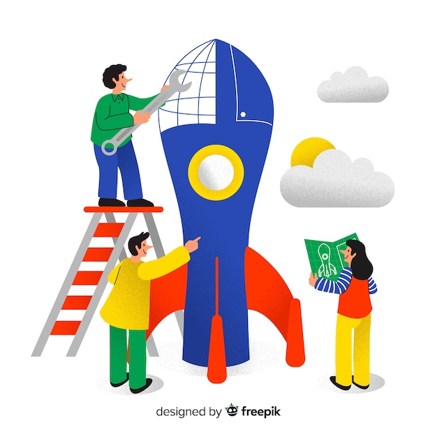 Fondo equipo construyendo cohete