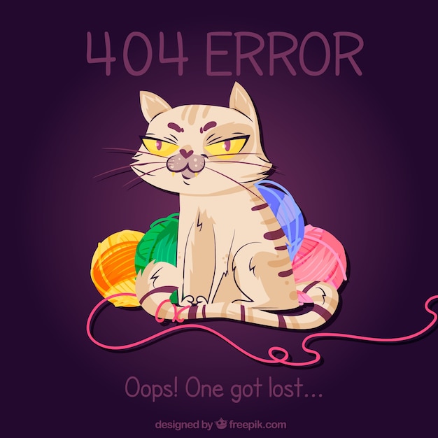 Fondo de error 404 con gato y ovillos de lana 