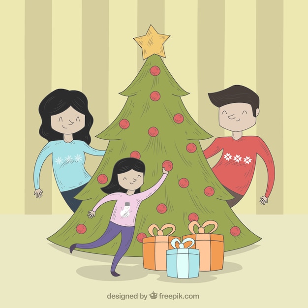 Vector gratuito fondo de escena familiar con árbol de navidad y regalos