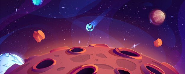 Fondo espacial con estrellas del planeta y meteorito