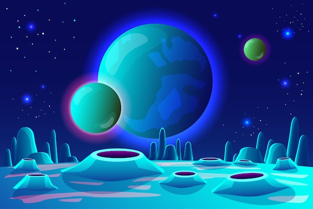 Fondo espacial y paisaje de la superficie del planeta con cráteres rocosos y grietas terrestres Escena espacial fantástica y exótica Ilustración de la escena del paisaje del planeta espacial