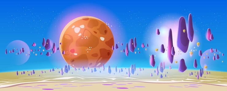 Vector gratuito fondo espacial y paisaje de la superficie del planeta con cráteres rocosos y grietas terrestres escena espacial fantástica y exótica ilustración de la escena del paisaje del planeta espacial