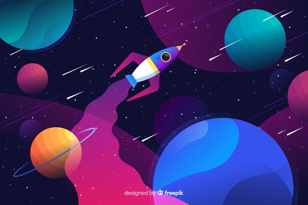 Fondo espacio colorido degradado con un cohete