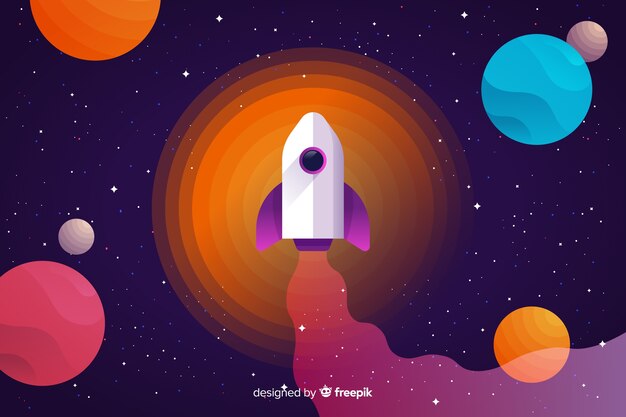 Fondo espacio colorido degradado con un cohete