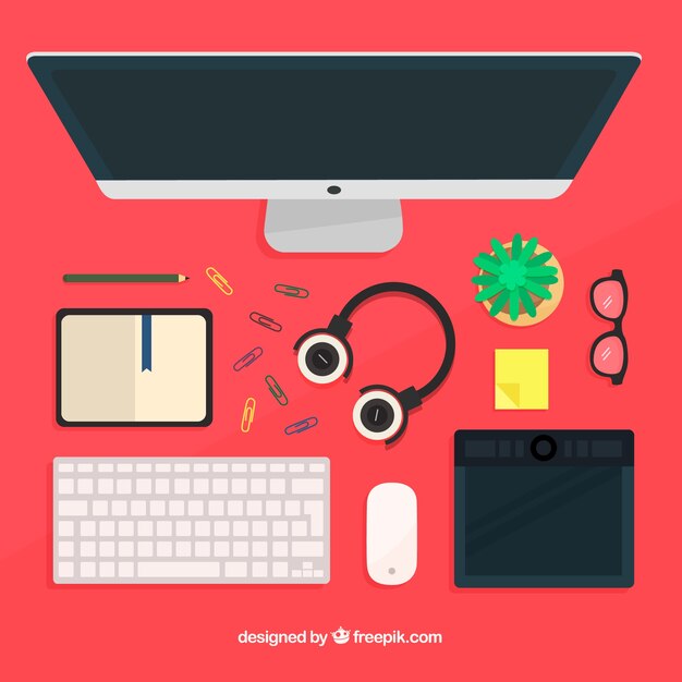 Fondo de espacio de trabajo de diseño gráfico con escritorio y herramientas