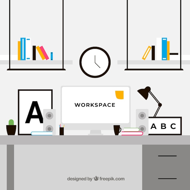 Vector gratuito fondo de espacio de trabajo de diseño gráfico con escritorio y herramientas