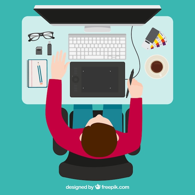 Fondo de espacio de trabajo de diseño gráfico con escritorio y herramientas