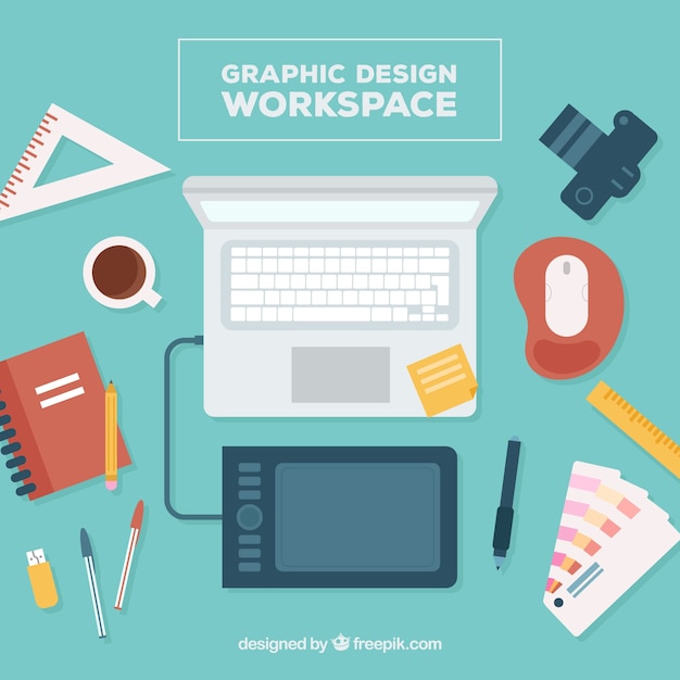 Fondo de espacio de trabajo de diseño gráfico con escritorio y herramientas
