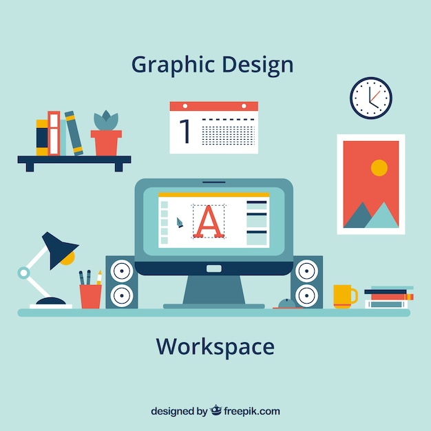 Vector gratuito fondo de espacio de trabajo de diseño gráfico con escritorio y herramientas