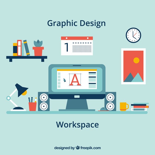 Fondo de espacio de trabajo de diseño gráfico con escritorio y herramientas