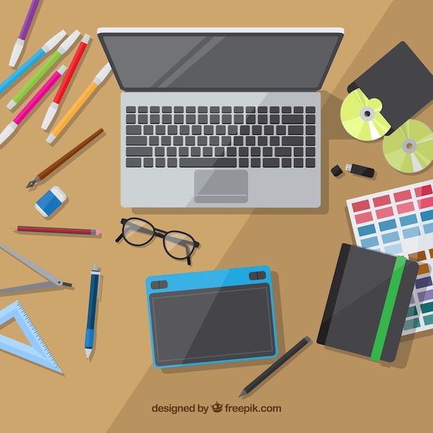 Fondo de espacio de trabajo de diseño gráfico con escritorio y herramientas