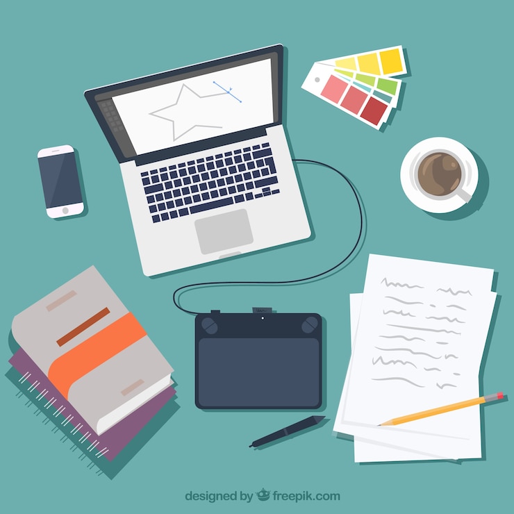 Vector gratuito fondo de espacio de trabajo de diseño gráfico con escritorio y herramientas
