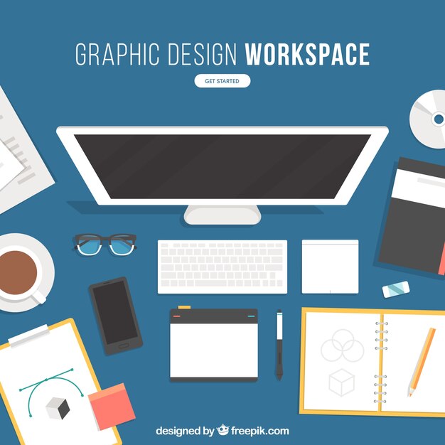 Fondo de espacio de trabajo de diseño gráfico con escritorio y herramientas