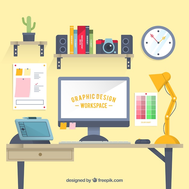 Fondo de espacio de trabajo de diseño gráfico con escritorio y herramientas