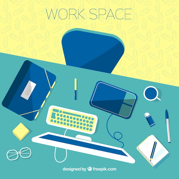 Fondo de espacio de trabajo de diseño gráfico con escritorio y herramientas