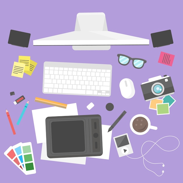 Fondo de espacio de trabajo de diseño gráfico con escritorio y herramientas