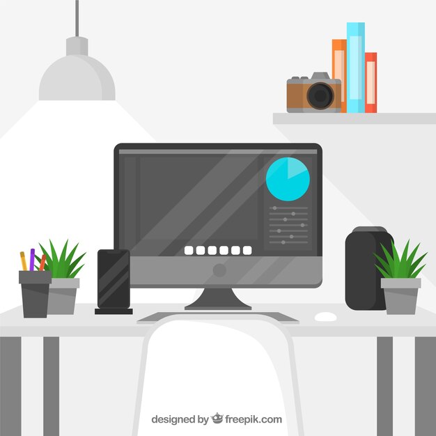 Fondo de espacio de trabajo de diseño gráfico con escritorio y herramientas