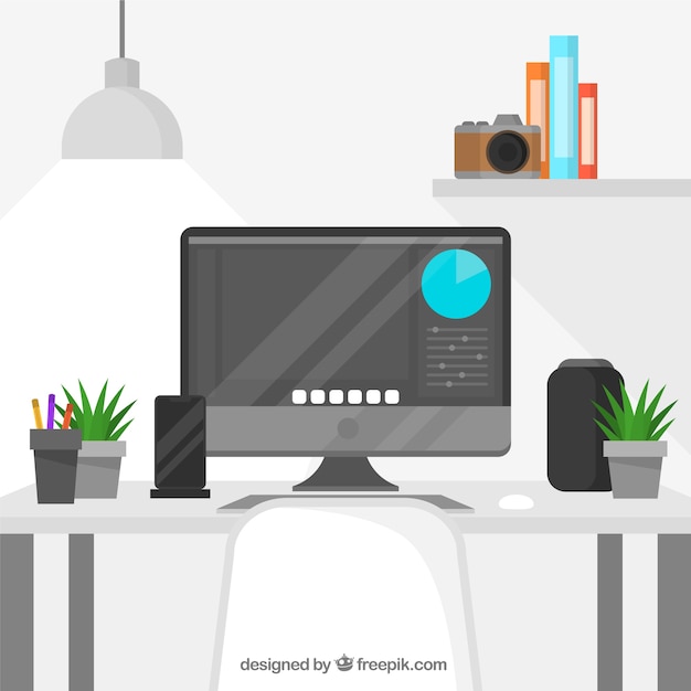 Fondo de espacio de trabajo de diseño gráfico con escritorio y herramientas