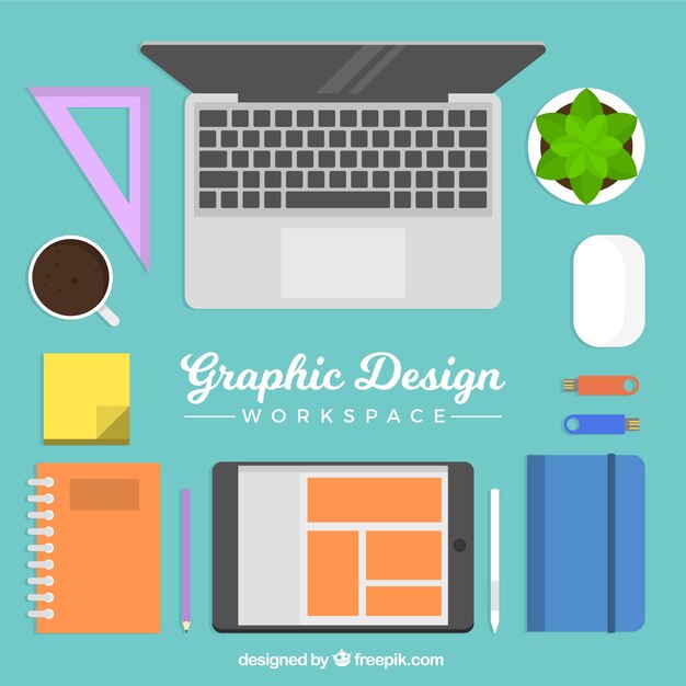 Fondo de espacio de trabajo de diseño gráfico con escritorio y herramientas