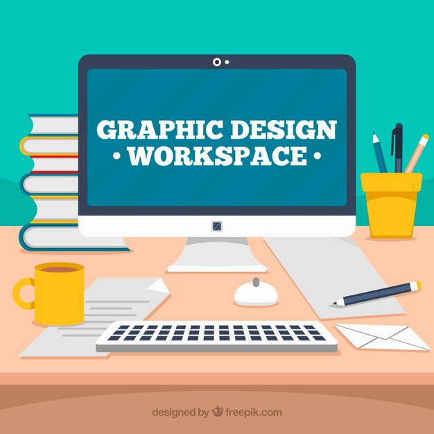 Fondo de espacio de trabajo de diseño gráfico con escritorio y herramientas