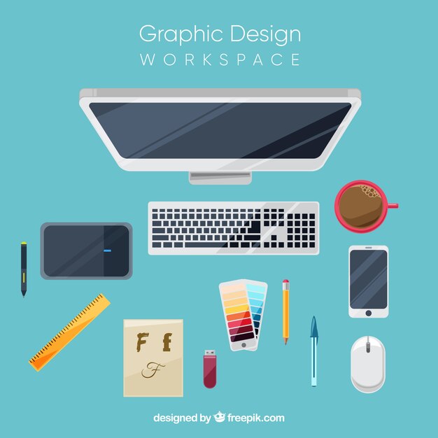 Fondo de espacio de trabajo de diseño gráfico con escritorio y herramientas