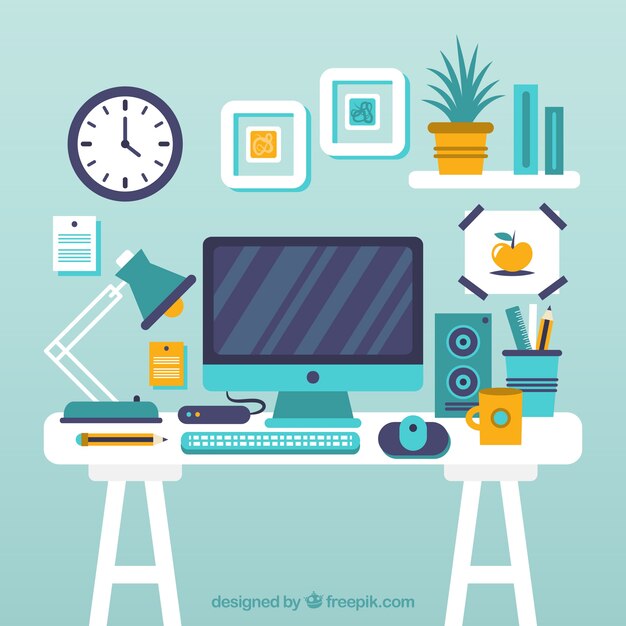 Fondo de espacio de trabajo de diseño gráfico con escritorio y herramientas