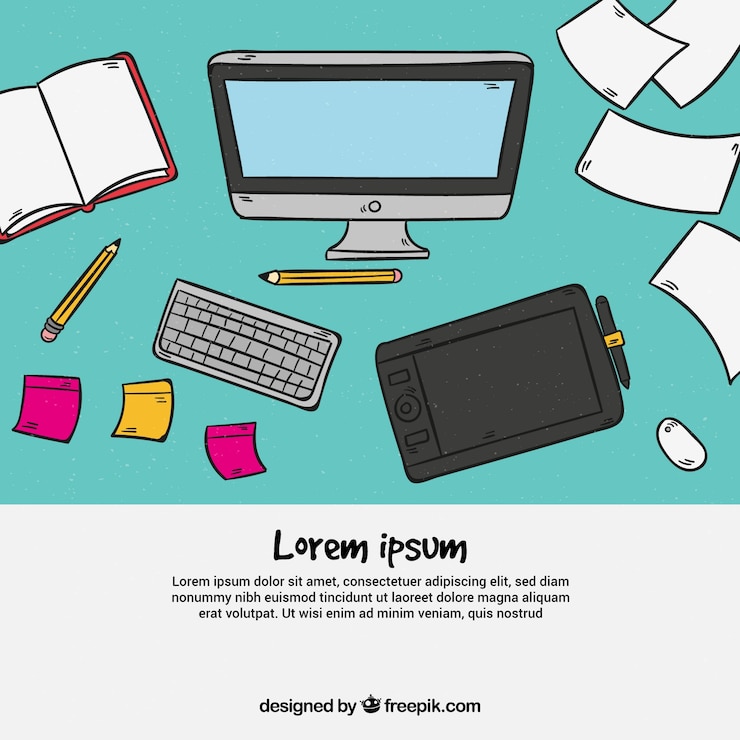 Vector gratuito fondo del espacio de trabajo de diseño gráfico en estilo dibujado a mano