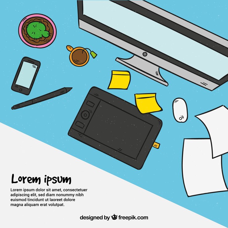Vector gratuito fondo del espacio de trabajo de diseño gráfico en estilo dibujado a mano