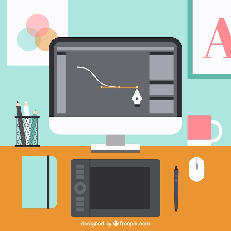 Vector gratuito fondo del espacio de trabajo de diseño gráfico en estilo dibujado a mano
